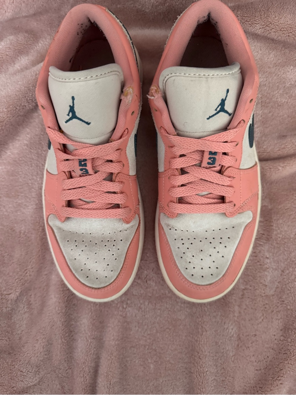 Air Jordan Low Top Sneakers in Pink and Cream, Teal Swoosh - Picture 2 of 8